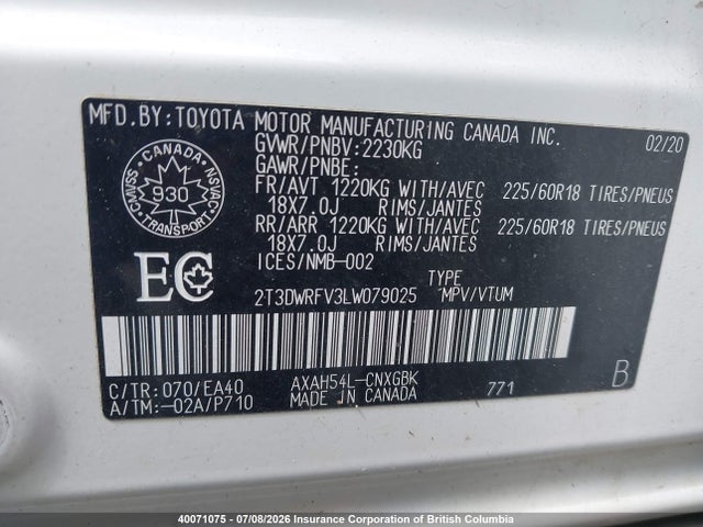 2020 Toyota Rav4 Limited მანქანა იყიდება აუქციონზე, vin: 2T3DWRFV3LW079025, აუქციონის ნომერი: 40071075
