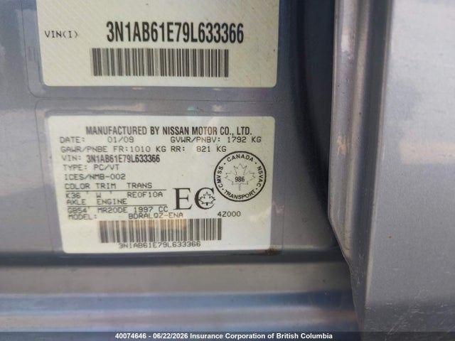 Aukcja sprzedaży 2009 Nissan Sentra 2.0/2.0s/2.0sl, vin: 3N1AB61E79L633366, numer aukcji: 40074646