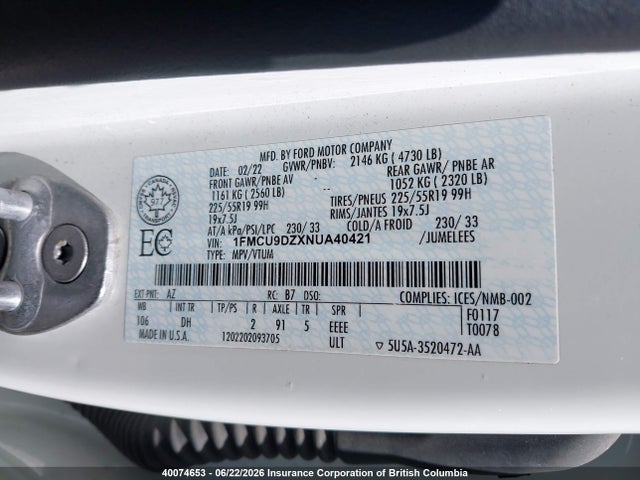 40074653 :رقم المزاد ، 1FMCU9DZXNUA40421 vin ، 2022 Ford Escape Titanium Hybrid مزاد بيع