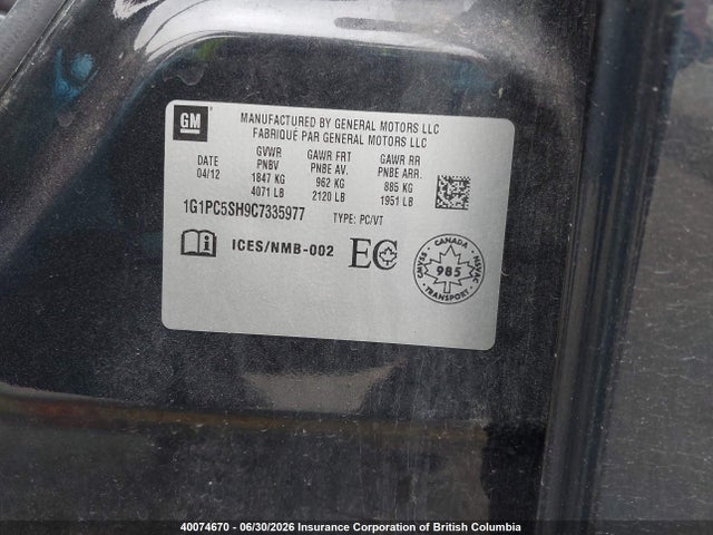 40074670 :رقم المزاد ، 1G1PC5SH9C7335977 vin ، 2012 Chevrolet Cruze مزاد بيع