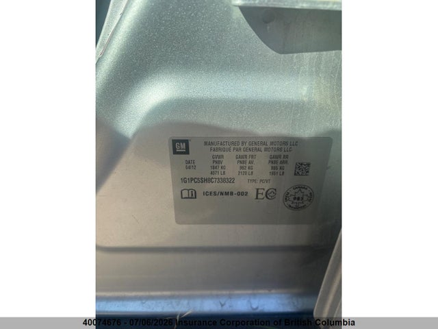 40074676 :رقم المزاد ، 1G1PC5SH8C7338322 vin ، 2012 Chevrolet Cruze مزاد بيع
