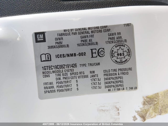40072999 :رقم المزاد ، 1GTEC19C08Z191426 vin ، 2008 Gmc Sierra C1500 مزاد بيع