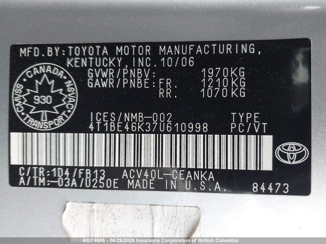 Продажа на аукционе авто 2007 Toyota Camry, vin: 4T1BE46K37U610998, номер лота: 40074696