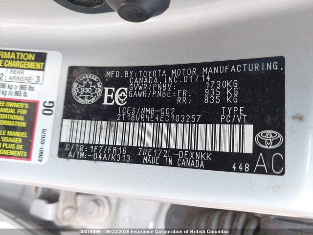 2014 Toyota Corolla L/le/le Pls/prm/s/s Pls მანქანა იყიდება აუქციონზე, vin: 2T1BURHE4EC103257, აუქციონის ნომერი: 40074699