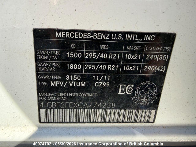 Aukcja sprzedaży 2012 Mercedes-benz Gl 350 Bluetec 4matic, vin: 4JGBF2FEXCA774238, numer aukcji: 40074702