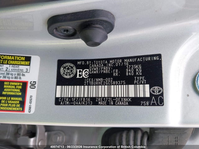 2016 Toyota Corolla L/le/le Pls/prm/s/s Pls მანქანა იყიდება აუქციონზე, vin: 2T1BURHE2GC589375, აუქციონის ნომერი: 40074713