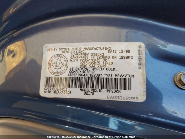 1999 Toyota Sienna Ce მანქანა იყიდება აუქციონზე, vin: 4T3ZF19C4XU122097, აუქციონის ნომერი: 40074714