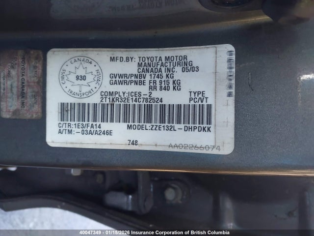 2004 Toyota Corolla Matrix Xr მანქანა იყიდება აუქციონზე, vin: 2T1KR32E14C782524, აუქციონის ნომერი: 40047349