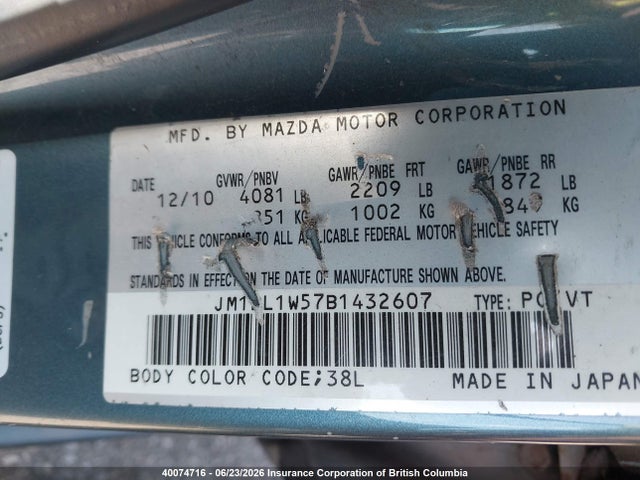 Aukcja sprzedaży 2011 Mazda Mazda3 Gt, vin: JM1BL1W57B1432607, numer aukcji: 40074716