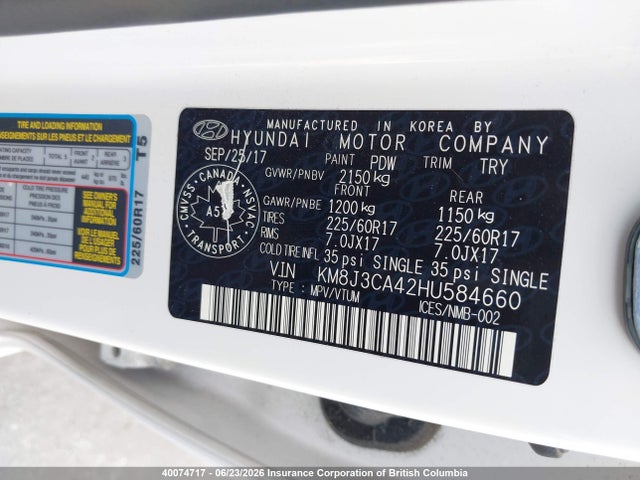 40074717 :رقم المزاد ، KM8J3CA42HU584660 vin ، 2017 Hyundai Tucson Limited/sport And Eco/se مزاد بيع