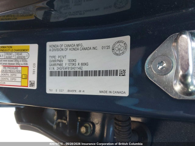 2025 Honda Civic Sport/sport Touring მანქანა იყიდება აუქციონზე, vin: 2HGFE4F81SH011492, აუქციონის ნომერი: 40070775