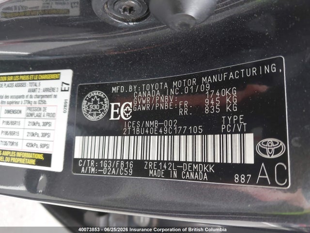 Aukcja sprzedaży 2009 Toyota Corolla S/le/xle, vin: 2T1BU40E49C177105, numer aukcji: 40073853
