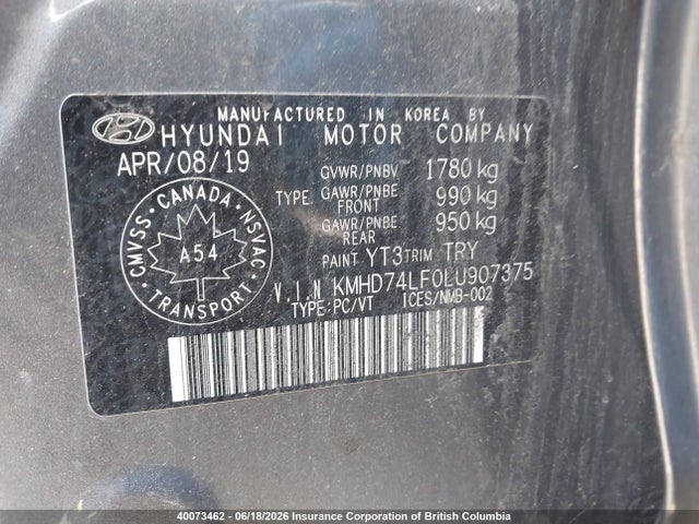 40073462 :رقم المزاد ، KMHD74LF0LU907375 vin ، 2020 Hyundai Elantra Se مزاد بيع