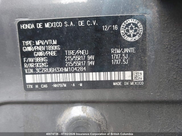 Продажа на аукционе авто 2017 Honda Hr-v, vin: 3CZRU6H3XHM104284, номер лота: 40074726