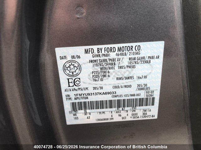 40074728 :رقم المزاد ، 1FMYU93137KA69033 vin ، 2007 Ford Escape Xlt مزاد بيع