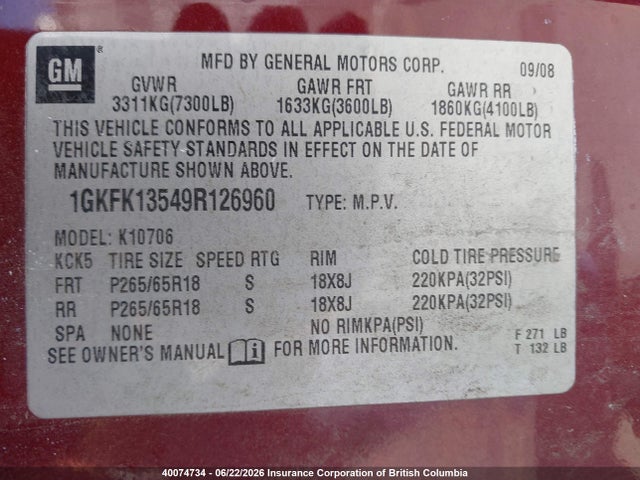 Aukcja sprzedaży 2009 Gmc Yukon, vin: 1GKFK13549R126960, numer aukcji: 40074734