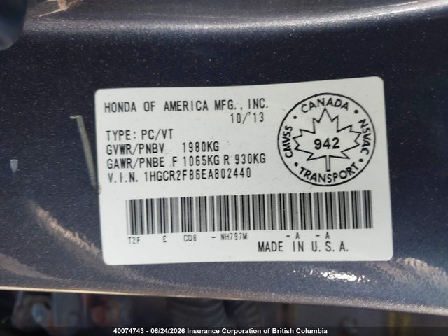 2014 Honda Accord Ex-l მანქანა იყიდება აუქციონზე, vin: 1HGCR2F86EA802440, აუქციონის ნომერი: 40074743