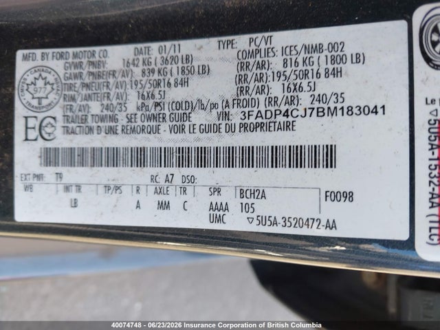 40074748 :رقم المزاد ، 3FADP4CJ7BM183041 vin ، 2011 Ford Fiesta Sel مزاد بيع