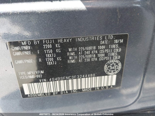 Subaru Outback 3.6r Limited 2015 4S4BSFNC3F3244480 Image 9