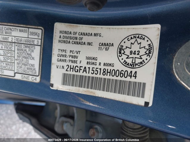 2008 Honda Civic Lx მანქანა იყიდება აუქციონზე, vin: 2HGFA15518H006044, აუქციონის ნომერი: 40073429