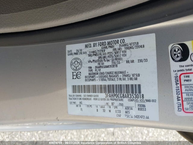 Auction sale of the 2010 Ford Fusion Sel, vin: 3FAHP0CG8AR353018, lot number: 40074759