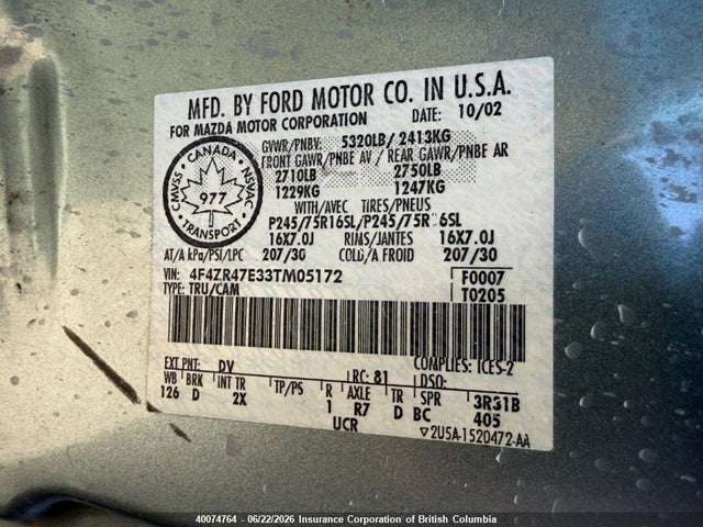 Продажа на аукционе авто 2003 Mazda B4000, vin: 4F4ZR47E33TM05172, номер лота: 40074764