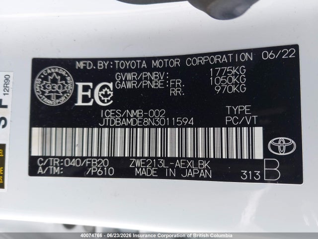 2022 Toyota Corolla მანქანა იყიდება აუქციონზე, vin: JTDBAMDE8N3011594, აუქციონის ნომერი: 40074766