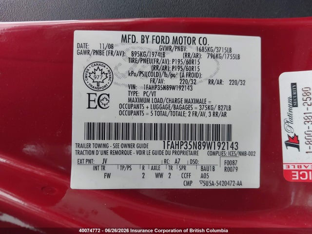 2009 Ford Focus მანქანა იყიდება აუქციონზე, vin: 1FAHP35N89W192143, აუქციონის ნომერი: 40074772