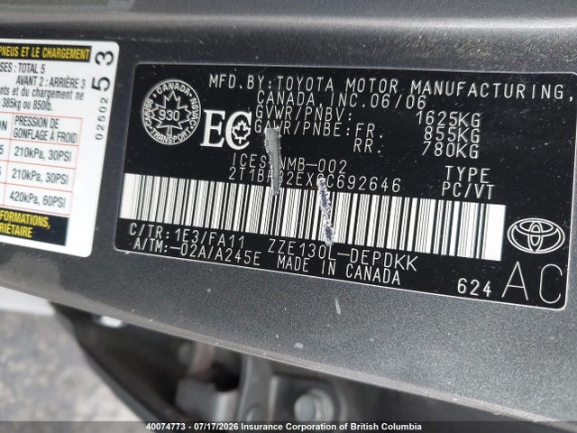 Продаж на аукціоні авто 2006 Toyota Corolla Ce/le/s, vin: 2T1BR32EX6C692646, номер лоту: 40074773
