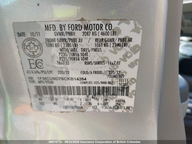 40074774 :رقم المزاد ، 1FMCU9D78CKB14264 vin ، 2012 Ford Escape Xlt مزاد بيع