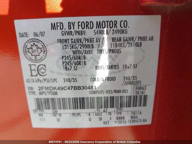 40074791 :رقم المزاد ، 2FMDK49C47BB30481 vin ، 2007 Ford Edge مزاد بيع