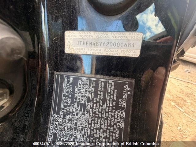 40074797 :رقم المزاد ، JTHFN48Y620001684 vin ، 2002 Lexus Sc 430 مزاد بيع