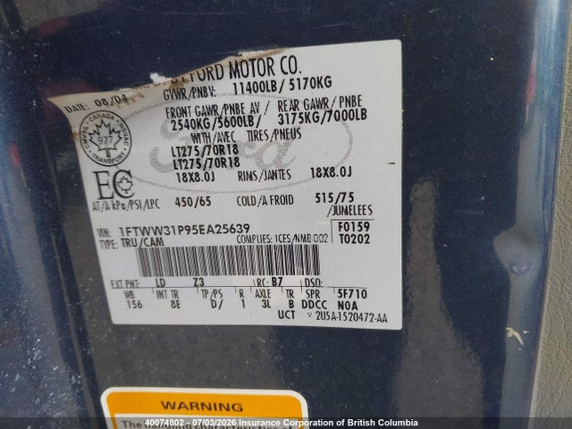 40074802 :رقم المزاد ، 1FTWW31P95EA25639 vin ، 2005 Ford F350 مزاد بيع