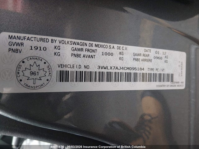 40071675 :رقم المزاد ، 3VWLX7AJ4CM095184 vin ، 2012 Volkswagen Jetta Sel مزاد بيع