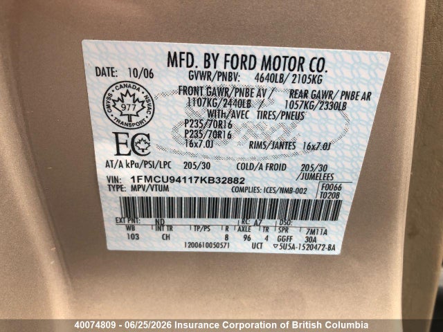40074809 :رقم المزاد ، 1FMCU94117KB32882 vin ، 2007 Ford Escape Limited مزاد بيع