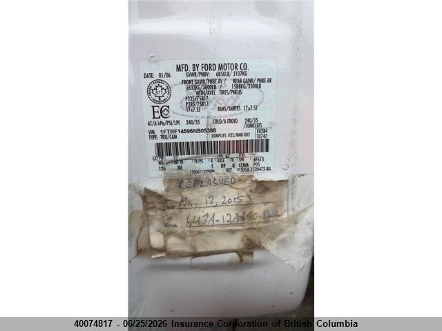 40074817 :رقم المزاد ، 1FTRF14596NB05388 vin ، 2006 Ford F150 مزاد بيع