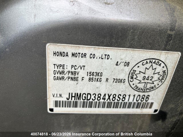 2008 Honda Fit მანქანა იყიდება აუქციონზე, vin: JHMGD384X8S811086, აუქციონის ნომერი: 40074818