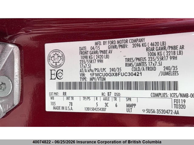 40074822 :رقم المزاد ، 1FMCU0GX8FUC30421 vin ، 2015 Ford Escape Se مزاد بيع