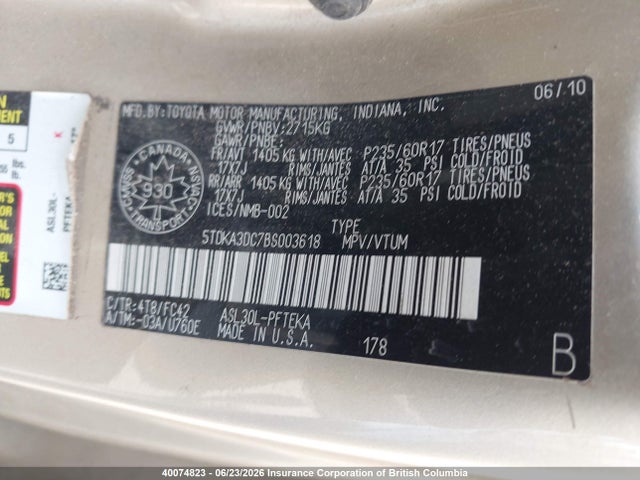40074823 :رقم المزاد ، 5TDKA3DC7BS003618 vin ، 2011 Toyota Sienna Le 7 Passenger مزاد بيع