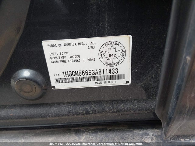 2003 Honda Accord Ex მანქანა იყიდება აუქციონზე, vin: 1HGCM56653A811433, აუქციონის ნომერი: 40071713