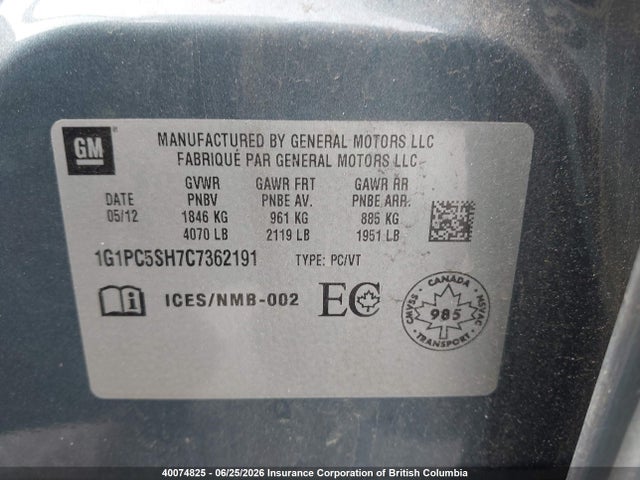 Продаж на аукціоні авто 2012 Chevrolet Cruze, vin: 1G1PC5SH7C7362191, номер лоту: 40074825
