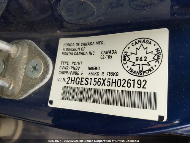 2005 Honda Civic მანქანა იყიდება აუქციონზე, vin: 2HGES156X5H026192, აუქციონის ნომერი: 40074827