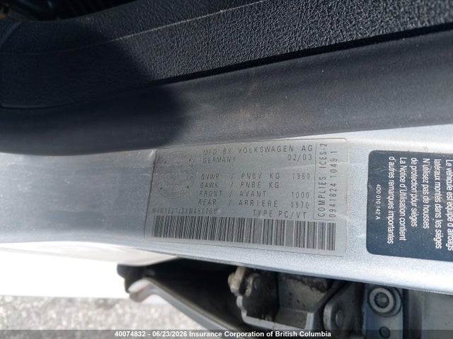 40074832 :رقم المزاد ، WVWSE21J23W493761 vin ، 2003 Volkswagen Jetta مزاد بيع
