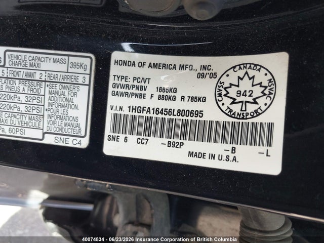 2006 Honda Civic მანქანა იყიდება აუქციონზე, vin: 1HGFA16456L800695, აუქციონის ნომერი: 40074834