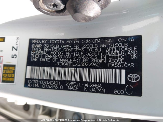 Toyota Prius 2016 JTDKARFUXG3022262 Image 9