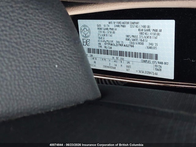 40074844 :رقم المزاد ، 1FTFW3LD7RFA02766 vin ، 2024 Ford F150 مزاد بيع