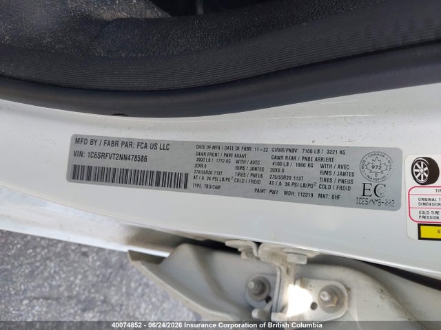 40074852 :رقم المزاد ، 1C6SRFVT2NN478586 vin ، 2022 Ram 1500 Sport مزاد بيع