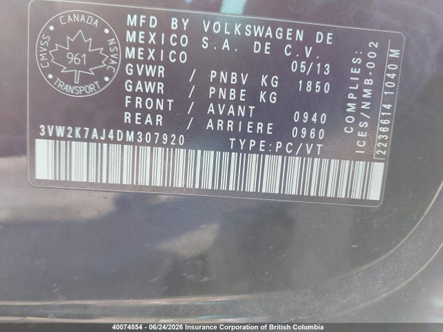 Aukcja sprzedaży 2013 Volkswagen Jetta, vin: 3VW2K7AJ4DM307920, numer aukcji: 40074854