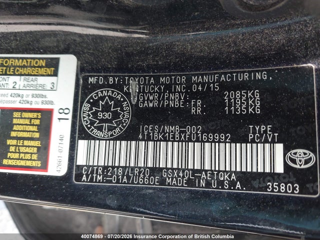 Продаж на аукціоні авто 2015 Toyota Avalon Xle/premium/touring/ltd, vin: 4T1BK1EBXFU169992, номер лоту: 40074869