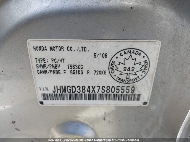 2007 Honda Fit მანქანა იყიდება აუქციონზე, vin: JHMGD384X7S805559, აუქციონის ნომერი: 40070611